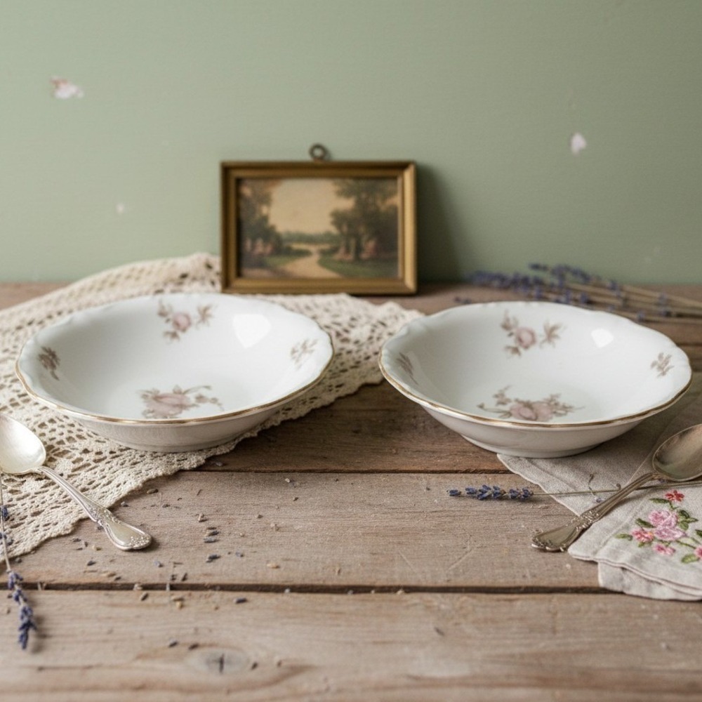 Johann Haviland Sepia Rose, Bavaria Germany Berry/Dessert Bowls Set of 2